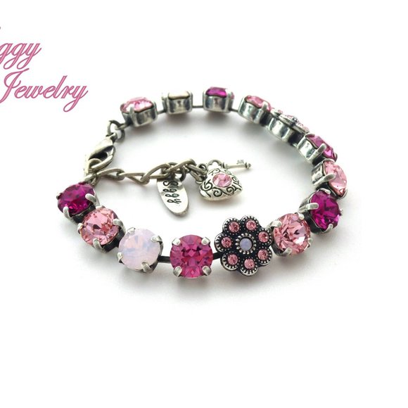 Pink Flower Tennis Bracelet Made with Genuine Swarovski Crystals - Picture 3 of 7